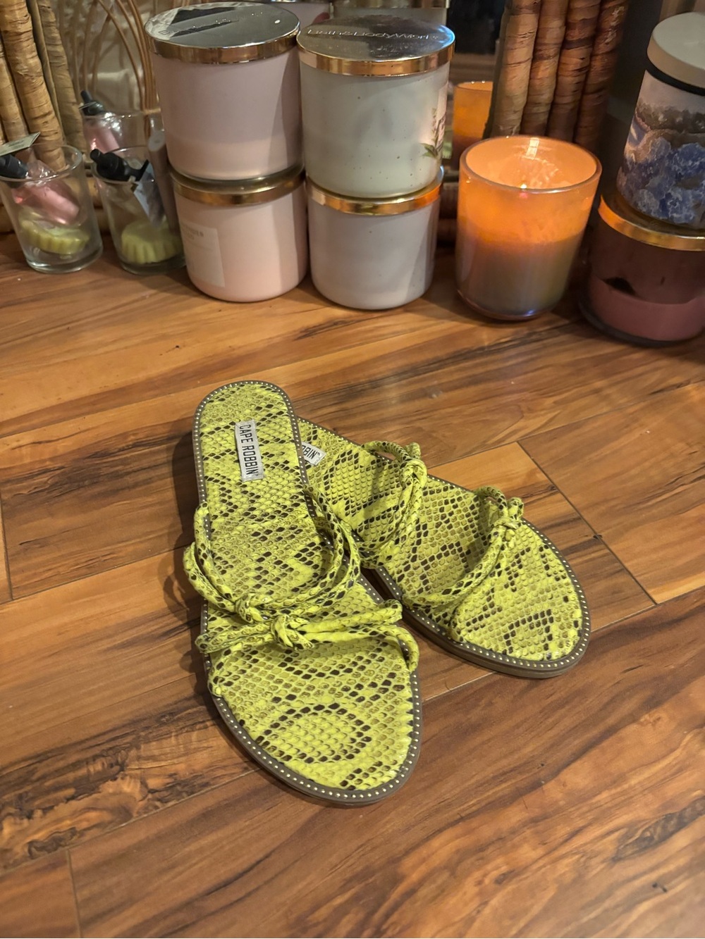 Steve Madden Neon Lime Snake-Print Braided Slide Sandals